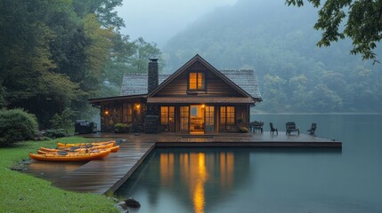 Obraz premium Cozy lakeside cabin surrounded by misty mountains at dusk.