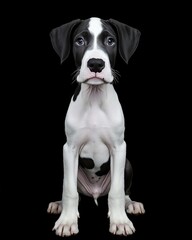 the baby Great Dane front view, white copy space on right, Isolated on black Background