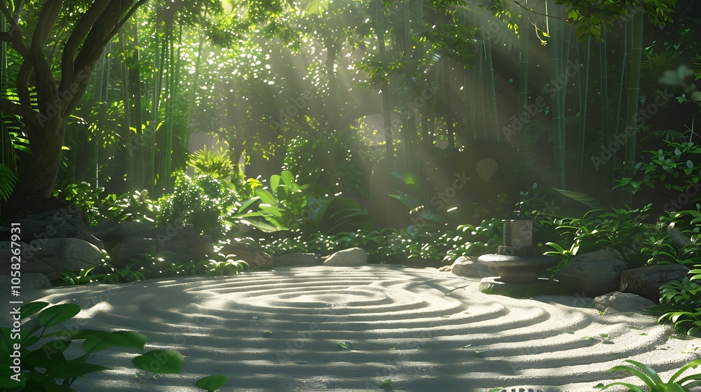 Poster a tranquil, sunlit garden space with a spiral path on sandy ground, surrounded by lush greenery and 