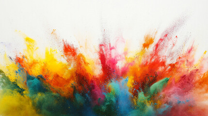 Holi color powder explosion in a rainbow of colors against a clean white background. colorful paint color powder explosion isolated white panorama background. Vibrant explosion of colorful powder. 