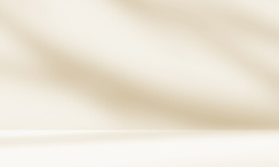 Empty cream beige room studio with shadow of leaves for product presentation. Autumn background. Summer tropical backdrop. Cosmetic showroom.	