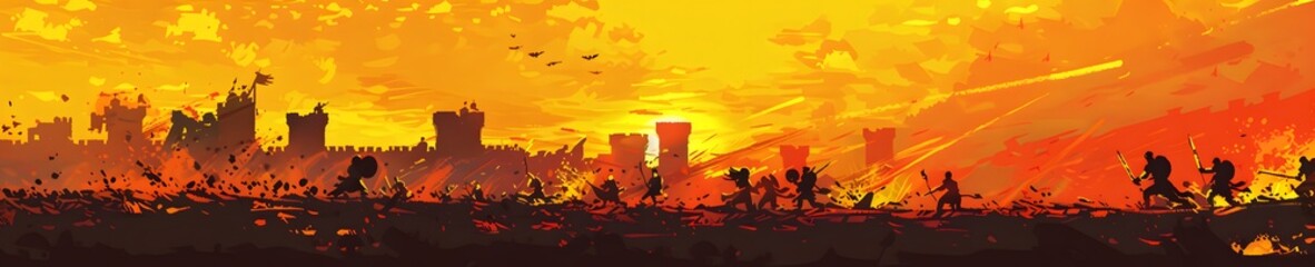 A panoramic view of an ancient battlefield at sunset, with warriors clashing in the foreground and medieval castles silhouetted against the orange sky,  Generative AI