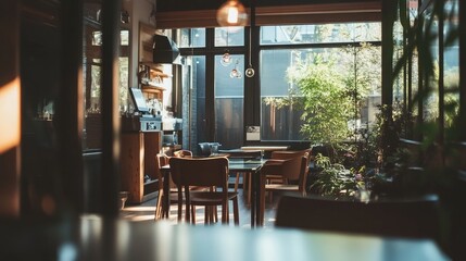 Fototapeta premium Cozy Café Interior with Natural Light and Greenery