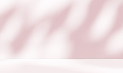 Fototapeta premium Empty brownish with pink undertone room studio with sunlight effect shadow for product presentation. Minimal backdrop design. Cosmetic, beauty and fashion showroom. Summer background mock up. 