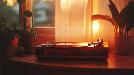 Atmospheric photography of a vintage record player with a vinyl record, with a soft, warm glow