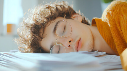 Young person sleeping on desk covered in papers, showing fatigue and need for rest.