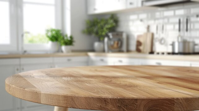 Beautiful round wooden table in clean kitchen setting for product display.