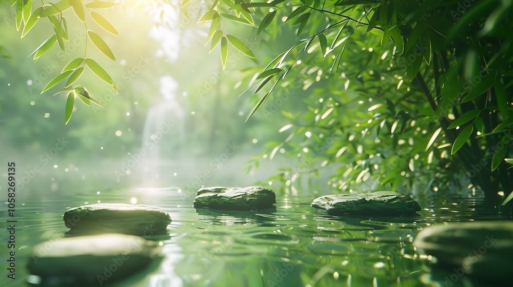 Aufkleber tranquil water scene featuring smooth stones, surrounded by lush bamboo foliage in soft sunlight, cr
