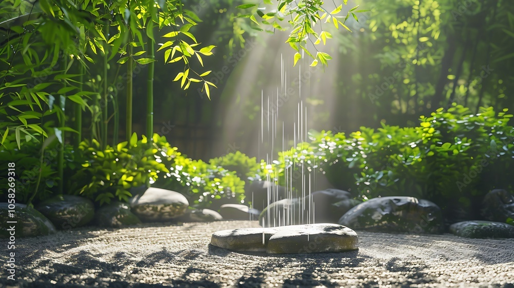 Poster a serene garden scene featuring a gentle water feature, surrounded by lush greenery and soft sunligh