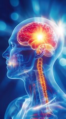 Illustration of human head pain, with a blue background and a glowing red and orange area around the joint in focus
