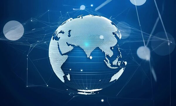 Abstract digital globe surrounded by white lines on a blue background.