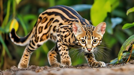 An intriguing closeup shot of a Leopard Cat in the midst of a hunting moment in the Borneo jungle, its tail subtly flicking behind it as it locks eyes on its prey