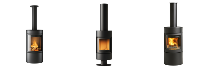 A Scandinavian-style wood-burning stove with a minimalist, cylindrical design and a small chimney, isolated on a transparent background