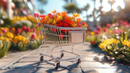 A shopping cart filled with colorful flowers sits on a brick path in a blooming garden.