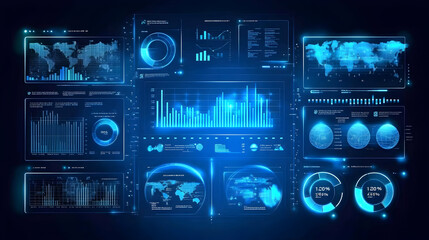 Obraz premium Futuristic digital interface with glowing blue graphics and data visualizations.