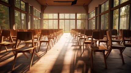 Empty Chairs in a Room with Large Windows