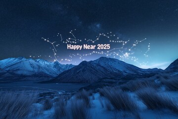 A peaceful mountain range with a starry night sky and "Happy New Year 2025" written in glowing constellations, Starry Night Over a Mountain, New Year 2025 background