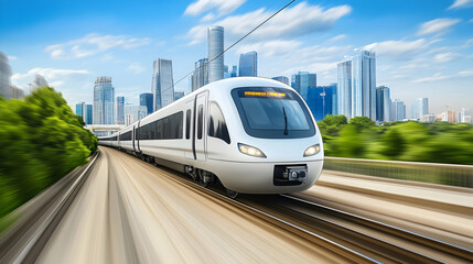Naklejka premium Modern high-speed train traveling through urban landscape.