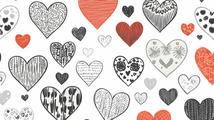 Seamless pattern with hand-drawn hearts in red, black, and gray on a white background.