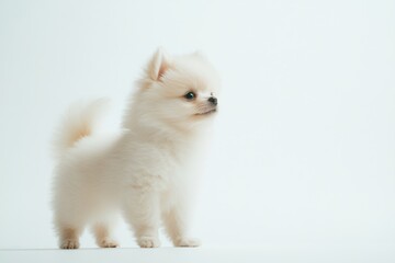 Obraz premium the beside view baby Pomeranian standing, left side view, low angle, white copy space on right, Isolated on White Background