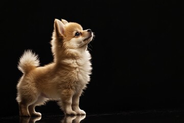 Obraz premium the beside view baby Pomeranian standing, left side view, low angle, white copy space on right, Isolated on black Background