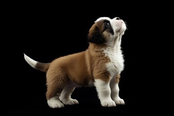 the beside view baby Saint Bernard standing, left side view, low angle, white copy space on right, Isolated on black Background