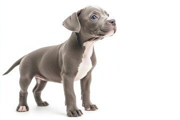 the beside view baby Great Dane standing, left side view, low angle, white copy space on right, Isolated on White Background