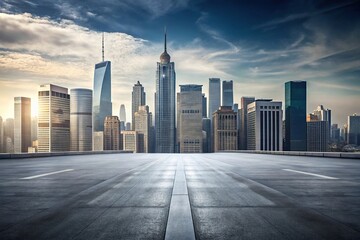 Fototapeta premium A minimalist cityscape with towering skyscrapers and busy streets stretching into the distance on a gray concrete background, gray sky, skyscrapers, city lights