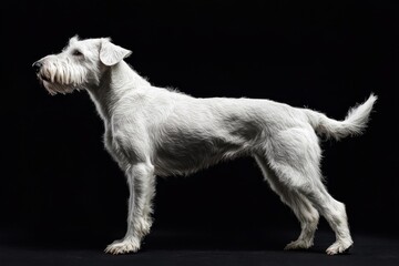 the beside view baby Irish Wolfhound standing, left side view, low angle, white copy space on right, Isolated on black Background