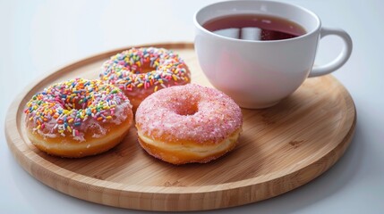 Yummy donuts with frosting and tea on wooden platter against white background.