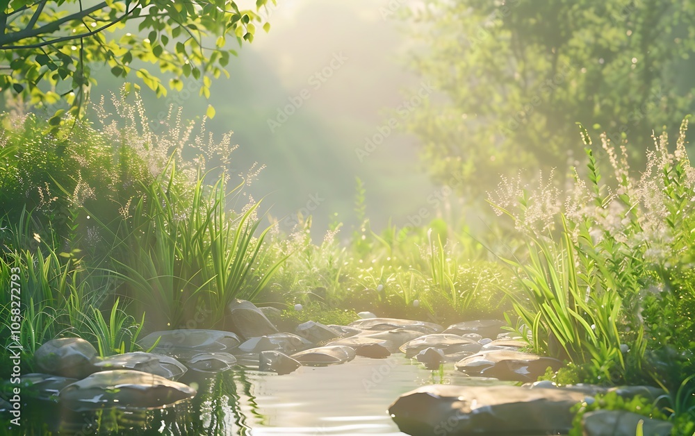Aufkleber A tranquil stream flows through lush greenery, illuminated by soft morning light, creating a serene natural landscape.