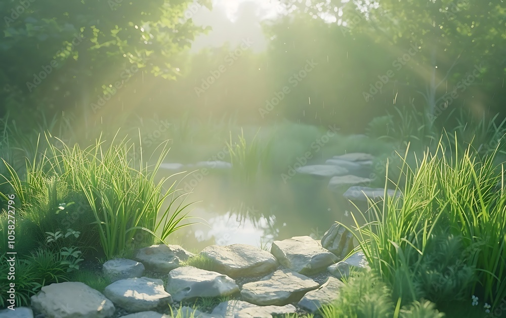 Poster a serene garden scene featuring a tranquil pond surrounded by lush greenery and stone pathways, illu