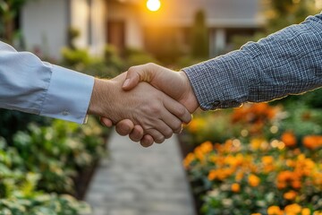 Handshake between buyer and seller in front of suburban home, vibrant garden, warm sunset lighting, ultrarealistic wideangle shot with clear focus on property and deal