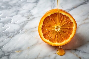 An orange slice drips with honey on a marble countertop, orange slice honeycomb, kitchen accessories, marble surface, sticky honey drops, baking inspiration