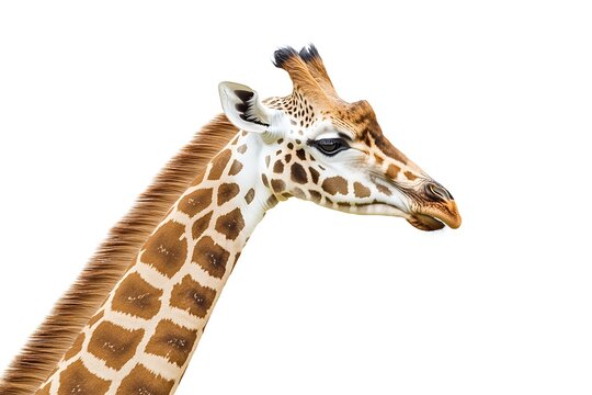 Side view of a giraffe's head and neck isolated on white, showcasing its unique pattern and gentle expression