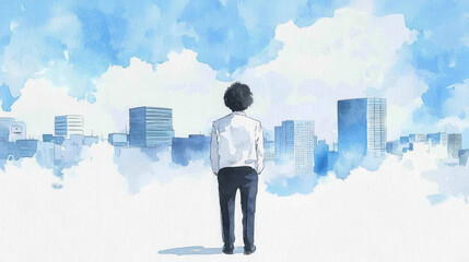 A person in a shirt and pants stands facing a city skyline under a bright blue sky, creating an impression of contemplation and aspiration.