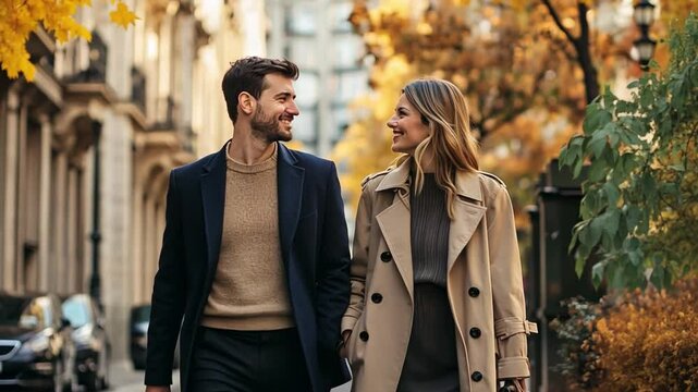  A young couple strolls hand-in-hand through the charming streets of Paris, their eyes locked in a moment of shared affection amidst the vibrant hues of autumn foliage.