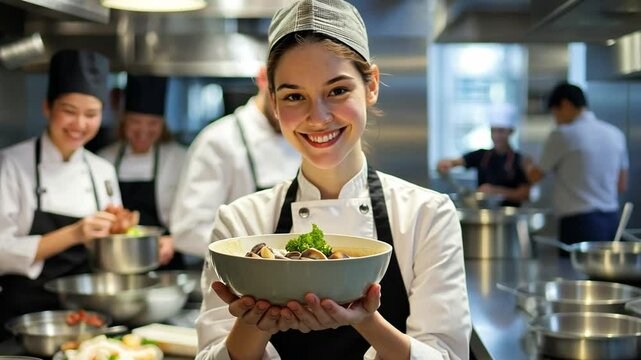 Female chef with delicious looking bowl of food in restaurant kitchen