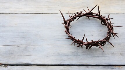 Fototapeta premium A symbolic image of a crown of thorns resting on a weathered rustic wooden table, evoking themes of sacrifice, faith, and Christian symbolism