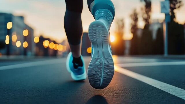 Close-up of running shoes on city street at sunset, capturing the energy and determination of a runner.