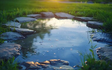 Obraz premium A serene pond reflects the sky, surrounded by stones and lush grass, capturing a peaceful natural setting at sunset.