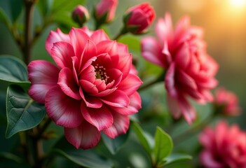 Sazanka Elegance: A High-Quality Capture of Vibrant Red and White Flowers Blooming Amidst Lush Green Foliage in Late Autumn