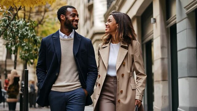  A stylish couple enjoys a romantic walk through the charming streets of Paris, their laughter echoing amidst the fall foliage.