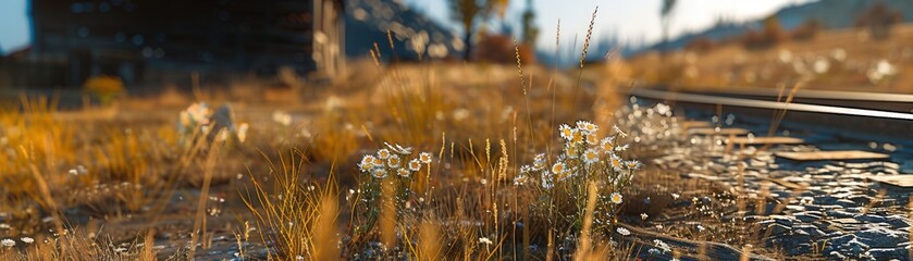 A field of yellow grass with a few flowers in the foreground