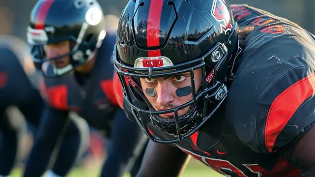  A  close-up shot of a determined football player in a black and red uniform with a focused expression, ready to take on the challenge.   - Powered by Adobe