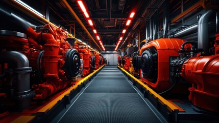 Naklejka premium Industrial Engine Room with Emergency Lighting Effects