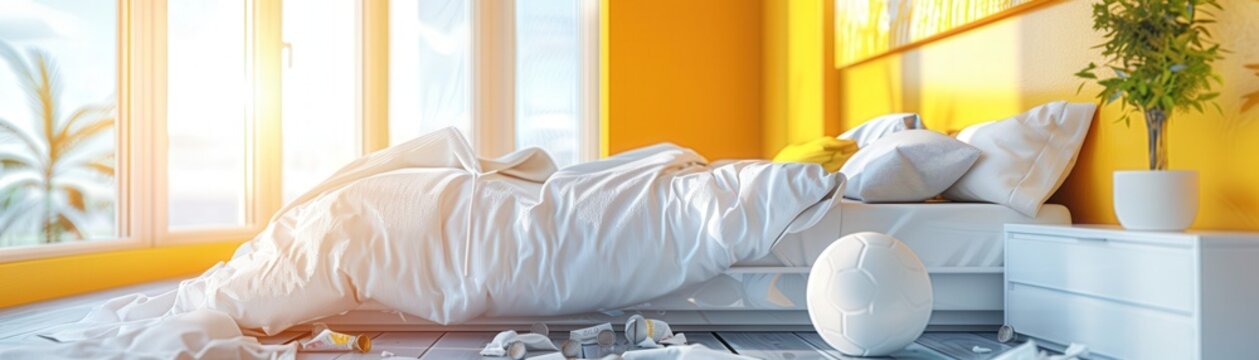 A bedroom with a white bed and a white soccer ball on the floor