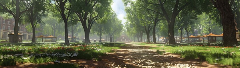 Obraz premium A park with a path through it and trees