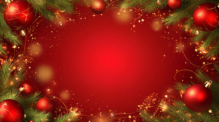 Bright red festive background framed by 3D pine branches and Christmas baubles