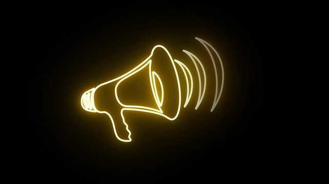 Abstract glowing yellow neon hand speaker icon with sound wave animation. Concept of megaphone on black background